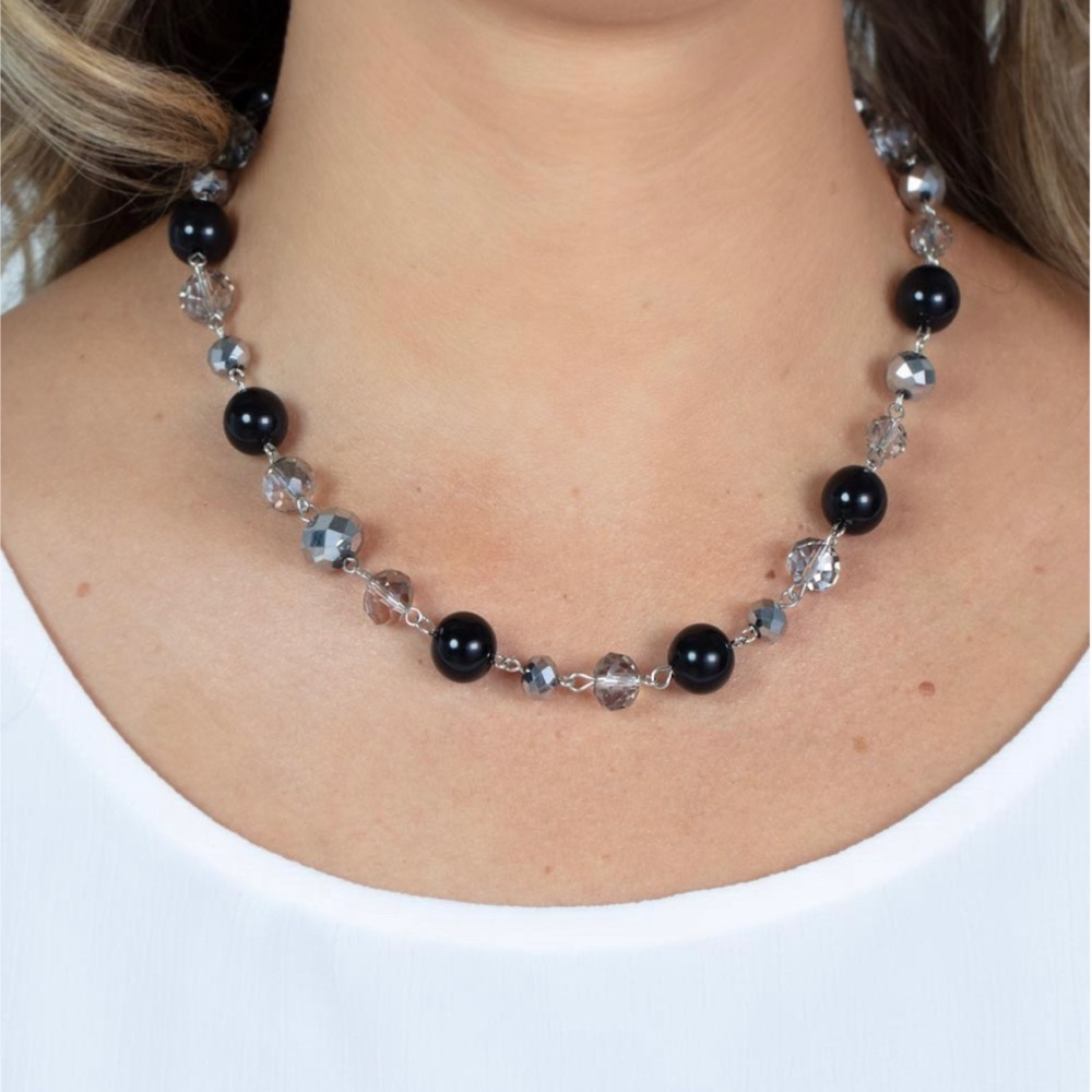 BLACK ACRYLIC BEADS SILVER NECKLACE W MATCHING EARRINGS